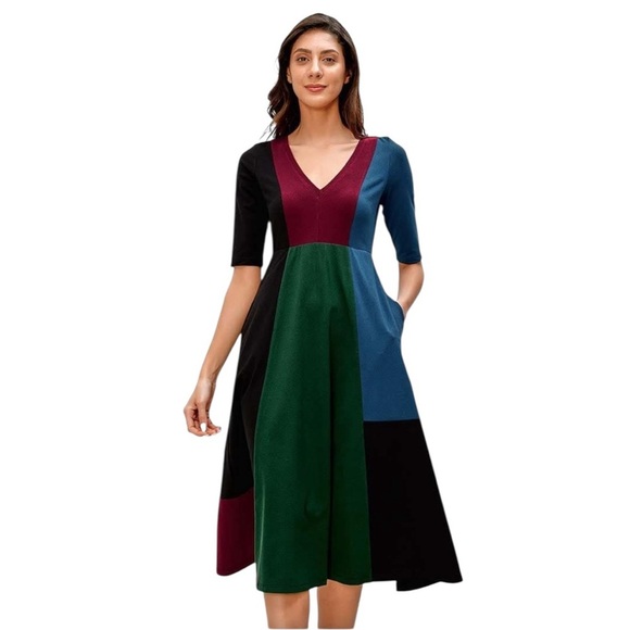eShakti Colorblock Cotton Jersey A-Line Midi Dress Plus Size 16 Casual Stretch - Picture 1 of 10
